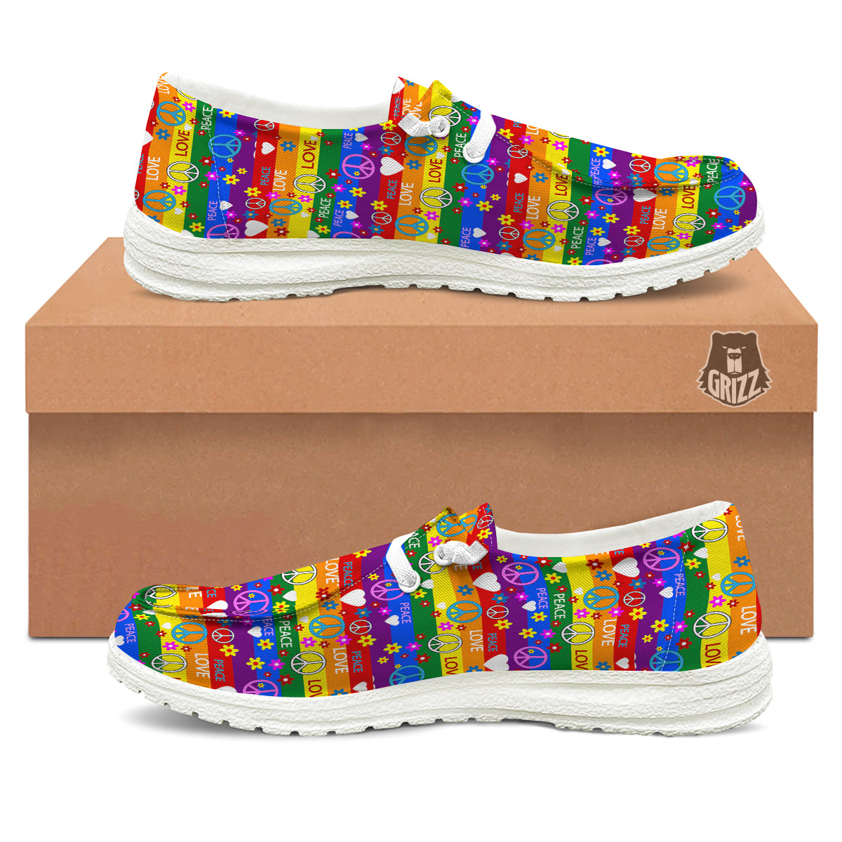 Symbols Of The Hippie And Rainbow Print White Loafers-grizzshop
