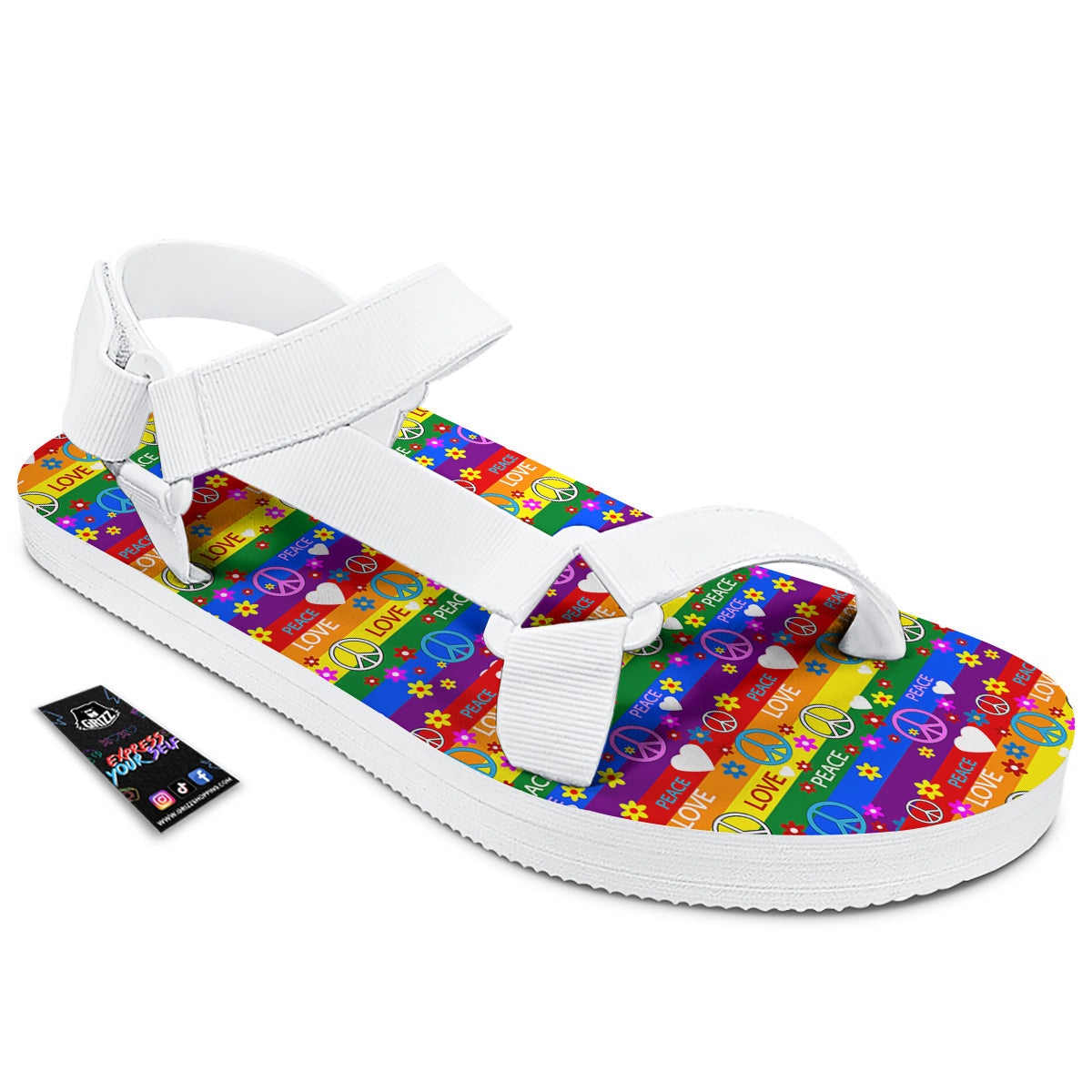 Symbols Of The Hippie And Rainbow Print White Open Toe Sandals-grizzshop