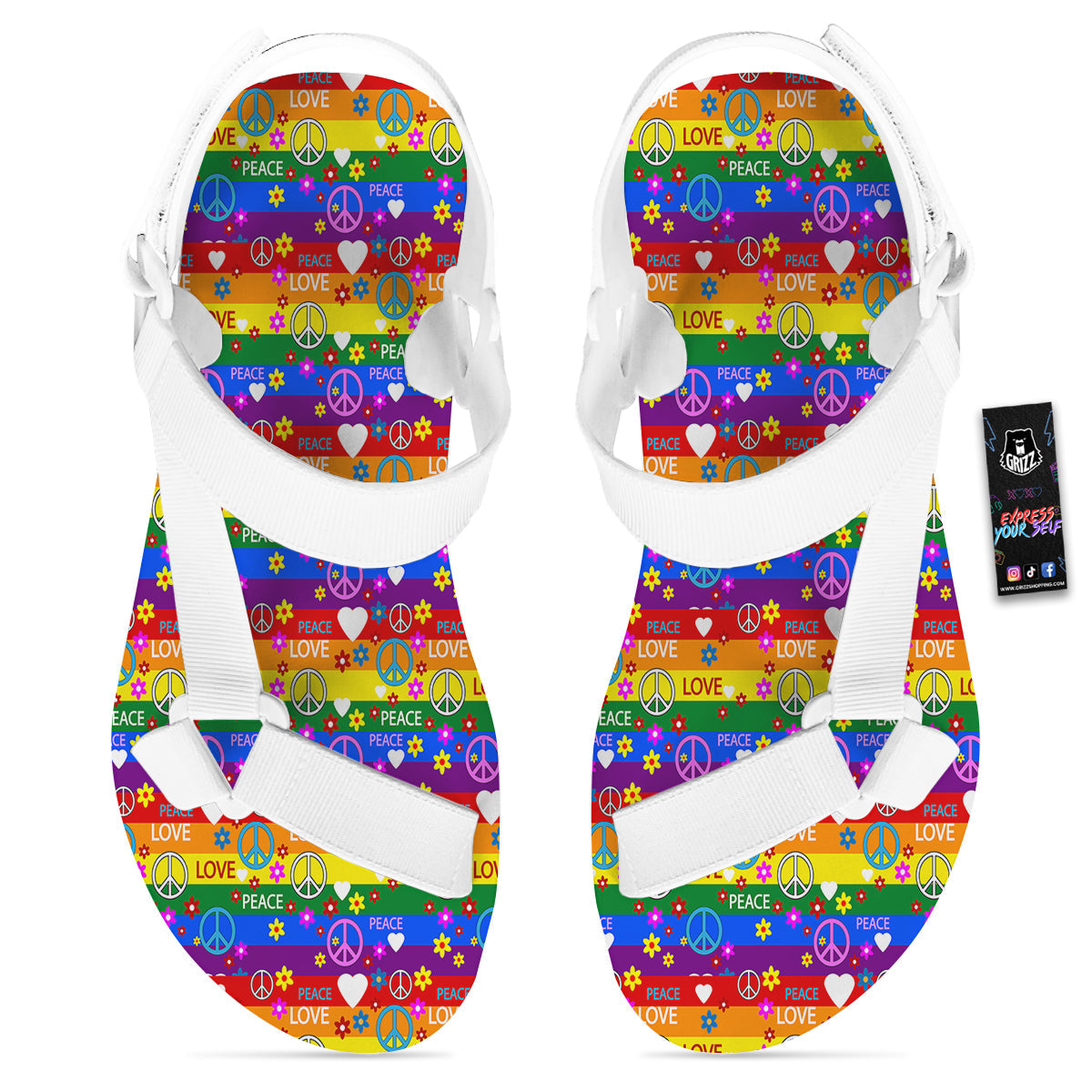 Symbols Of The Hippie And Rainbow Print White Open Toe Sandals-grizzshop
