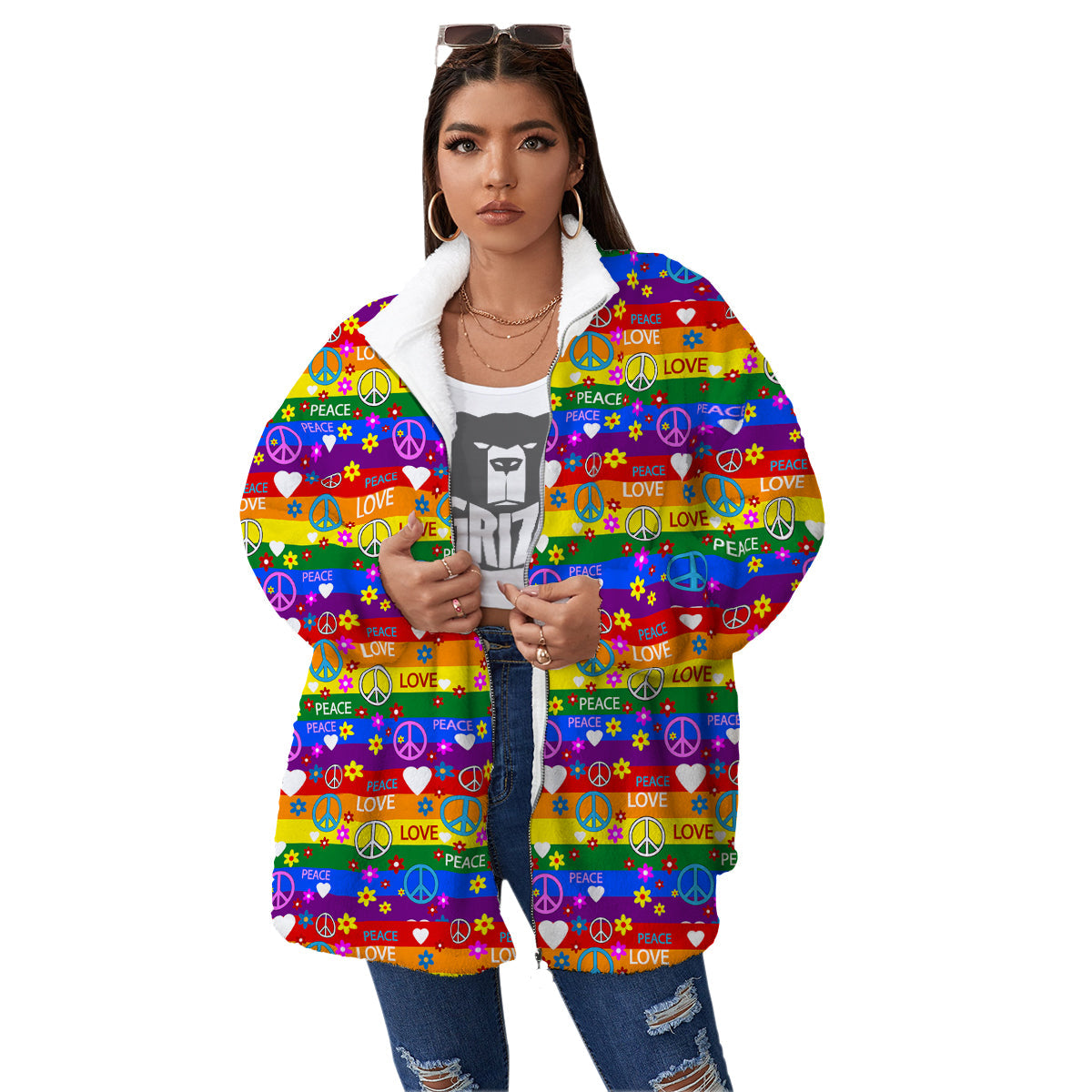 Symbols Of The Hippie And Rainbow Print Women's Sherpa Jacket-grizzshop