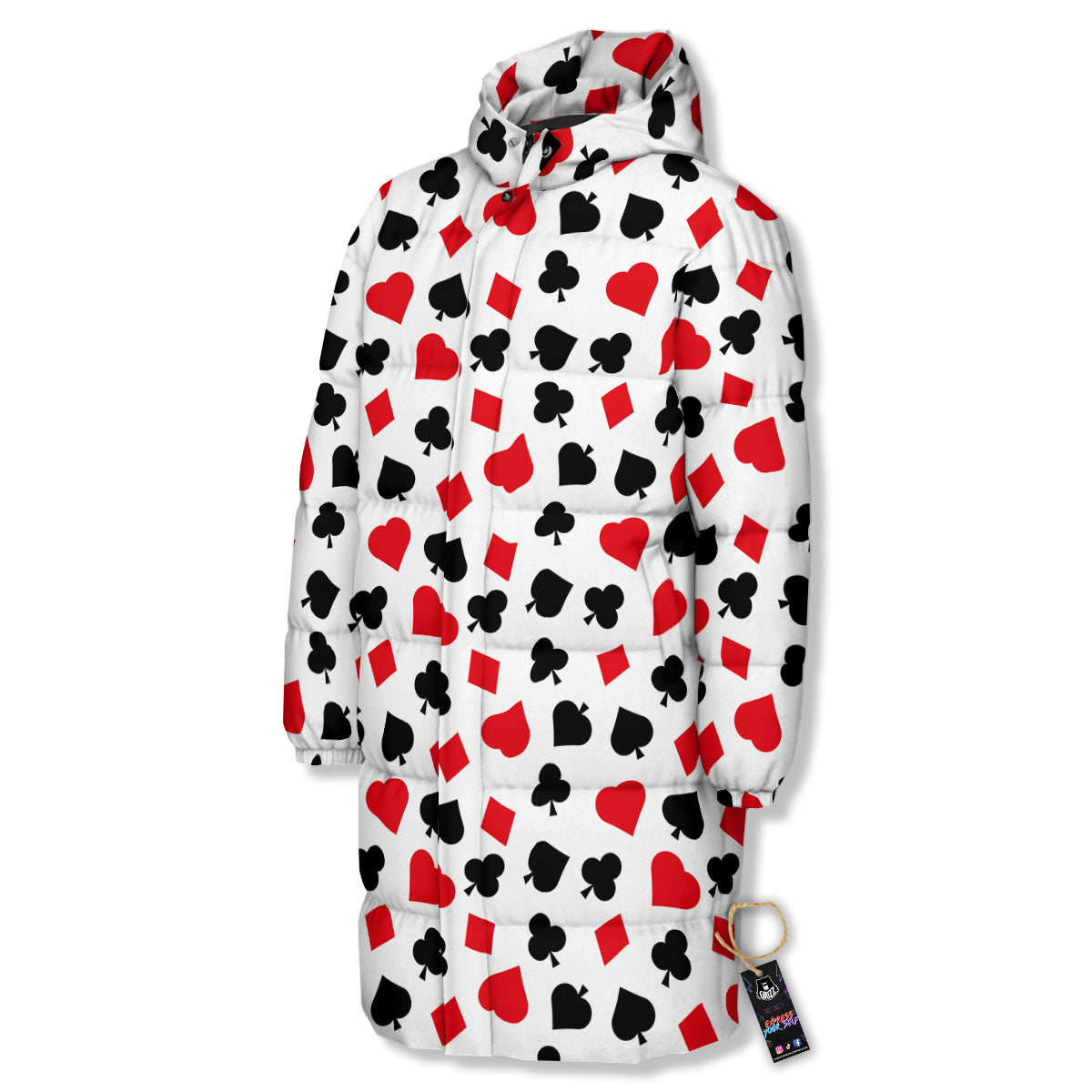 Symbols Playing Card Print Pattern Long Down Jacket-grizzshop