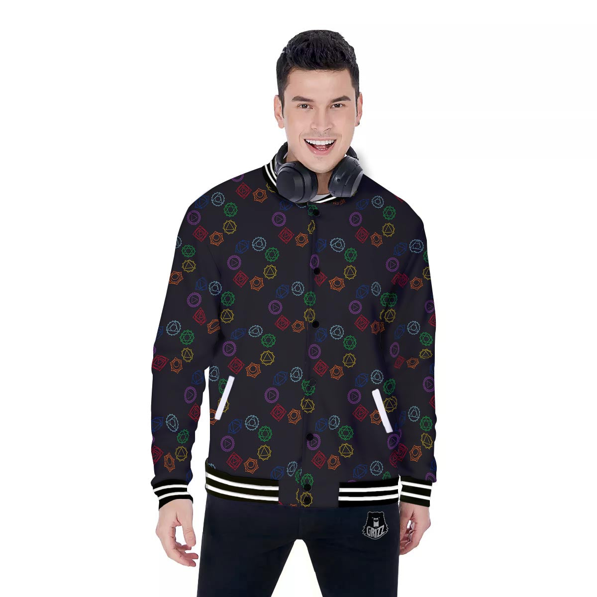 Symbols Seven Chakra Print Pattern Baseball Jacket-grizzshop