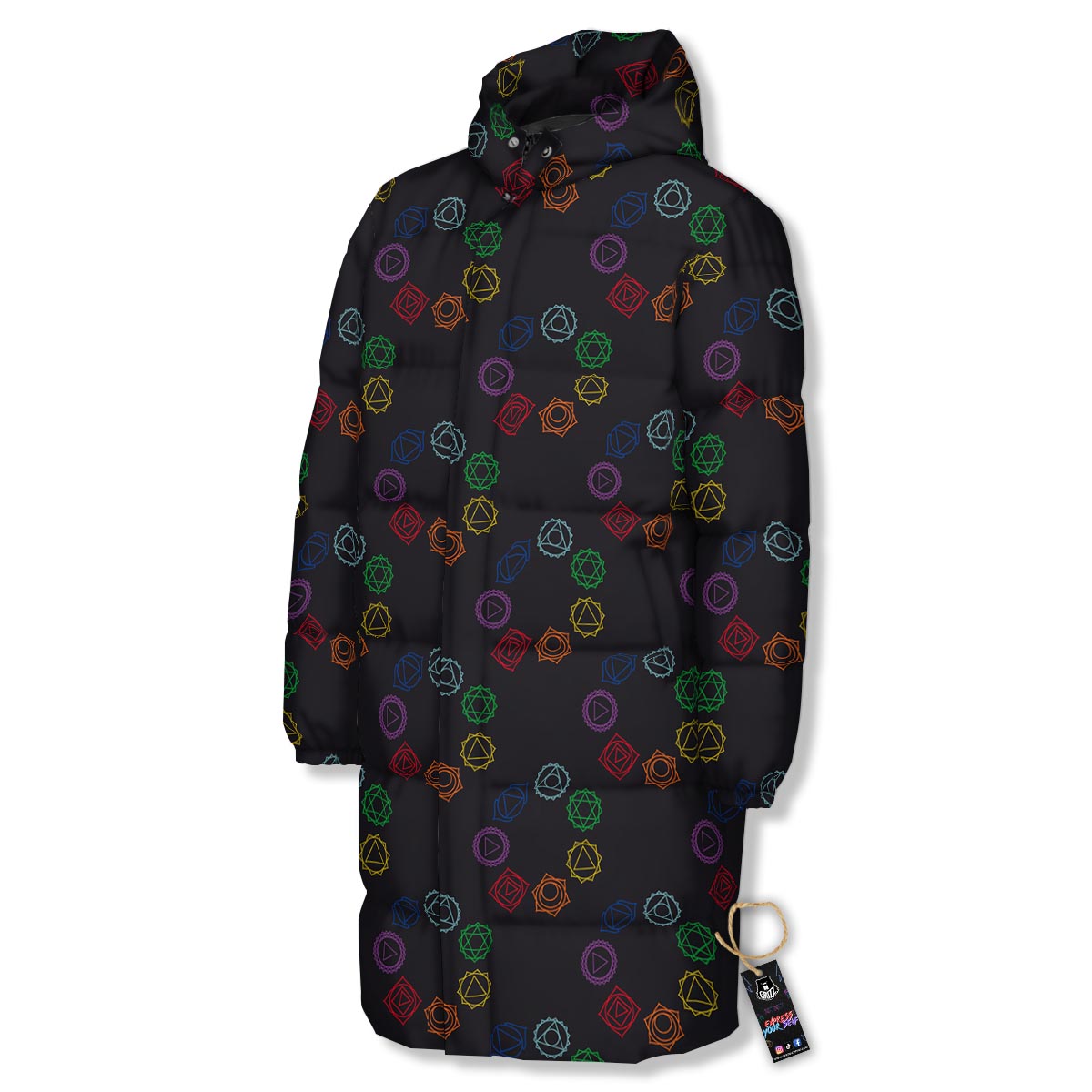 Symbols Seven Chakra Print Pattern Long Down Jacket-grizzshop