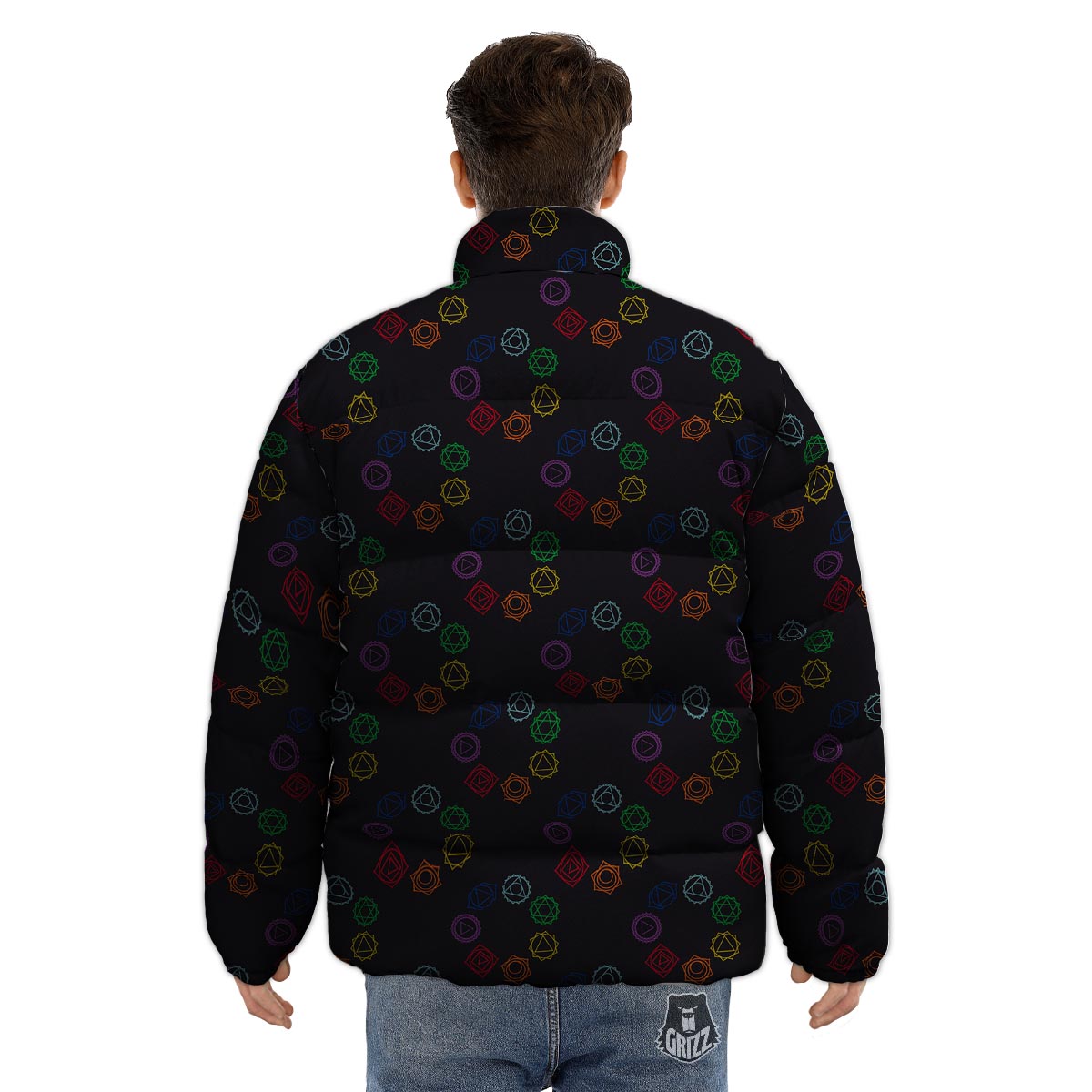 Symbols Seven Chakra Print Pattern Puffer Jacket-grizzshop