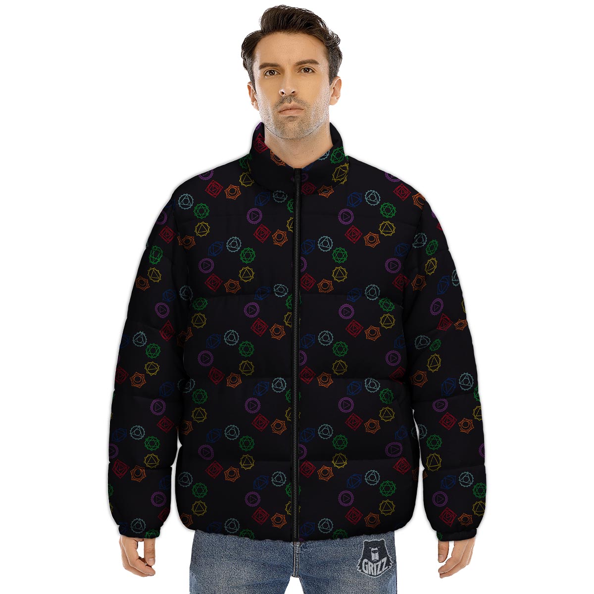 Symbols Seven Chakra Print Pattern Puffer Jacket-grizzshop