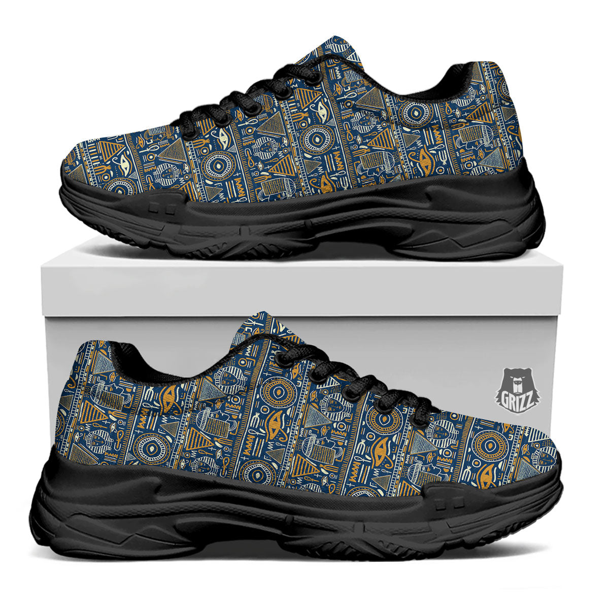 Symbols Tribal Egyptian Print Black Chunky Shoes-grizzshop