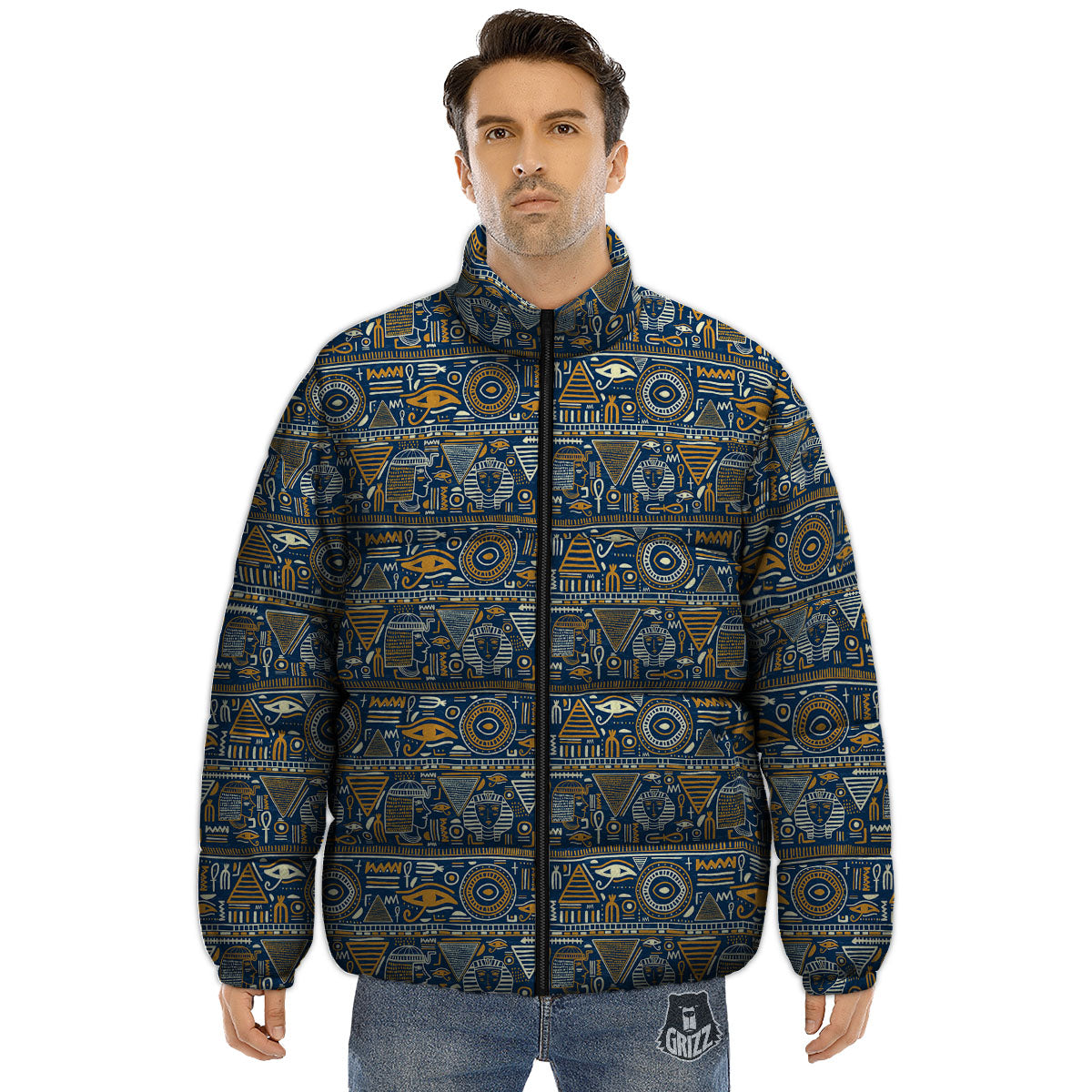 Symbols Tribal Egyptian Print Puffer Jacket-grizzshop