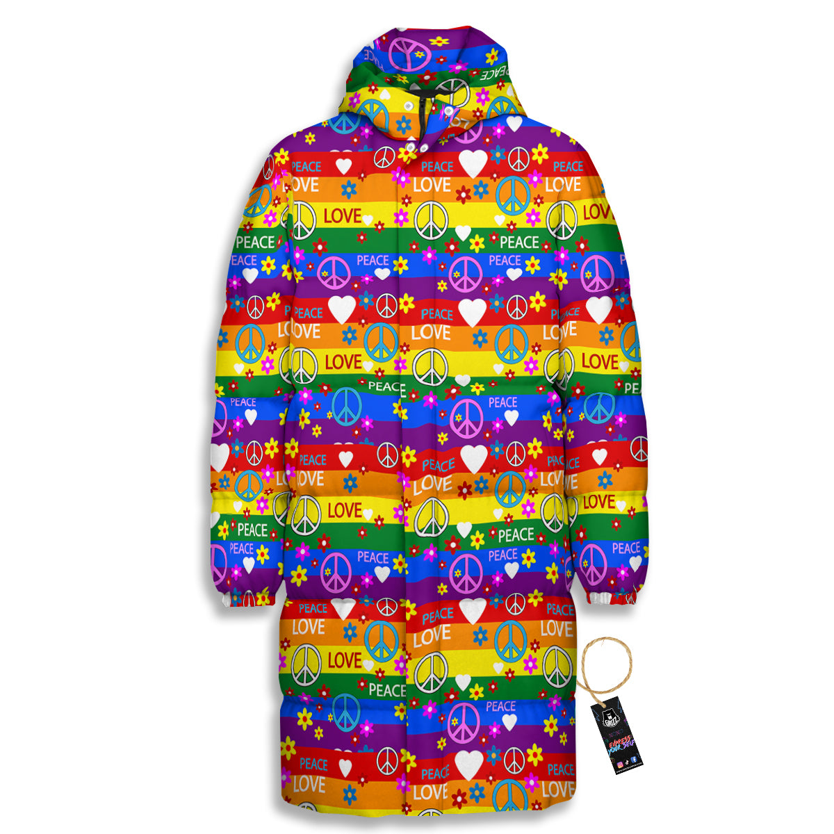 Symbols Of The Hippie And Rainbow Print Long Down Jacket