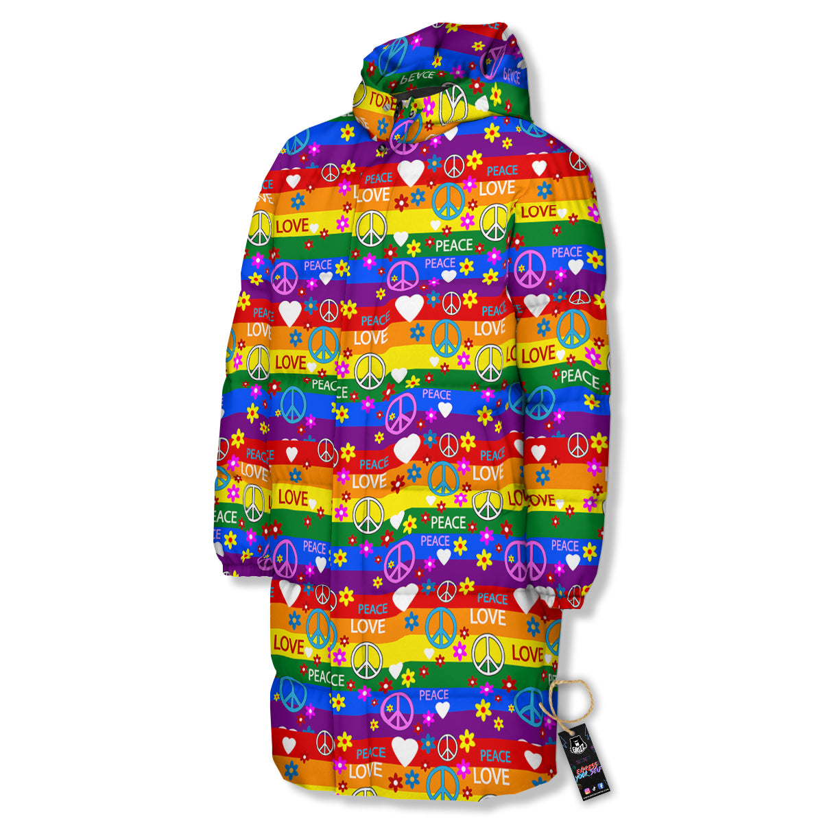 Symbols Of The Hippie And Rainbow Print Long Down Jacket