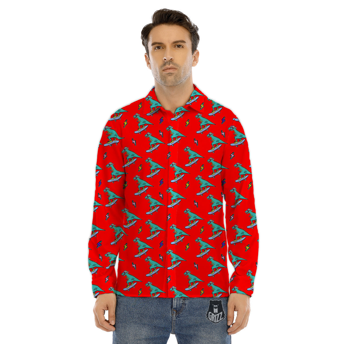 T-Rex Cute Dino Print Pattern Men's Dress Shirts-grizzshop