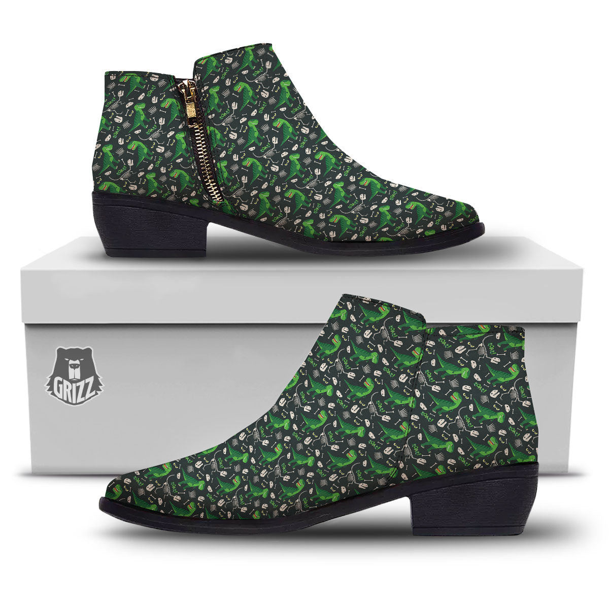T-Rex Dinosaur Cute Green Print Pattern Ankle Boots-grizzshop