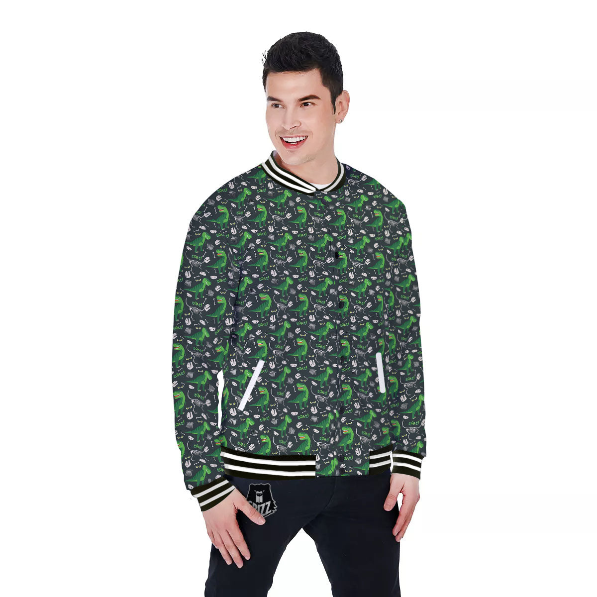 T-Rex Dinosaur Cute Green Print Pattern Baseball Jacket-grizzshop