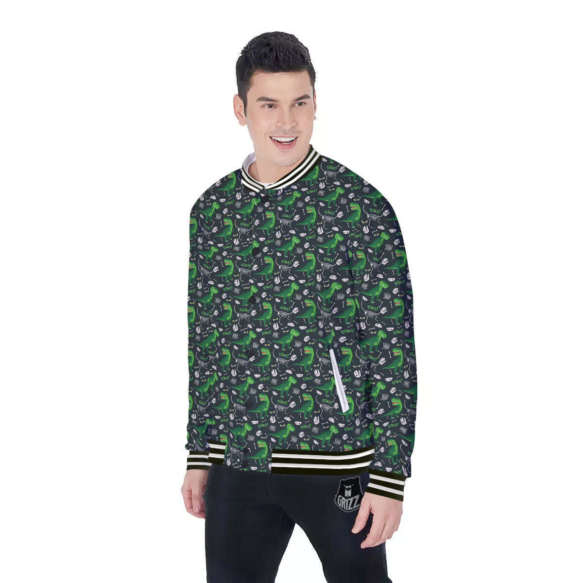 T-Rex Dinosaur Cute Green Print Pattern Baseball Jacket-grizzshop