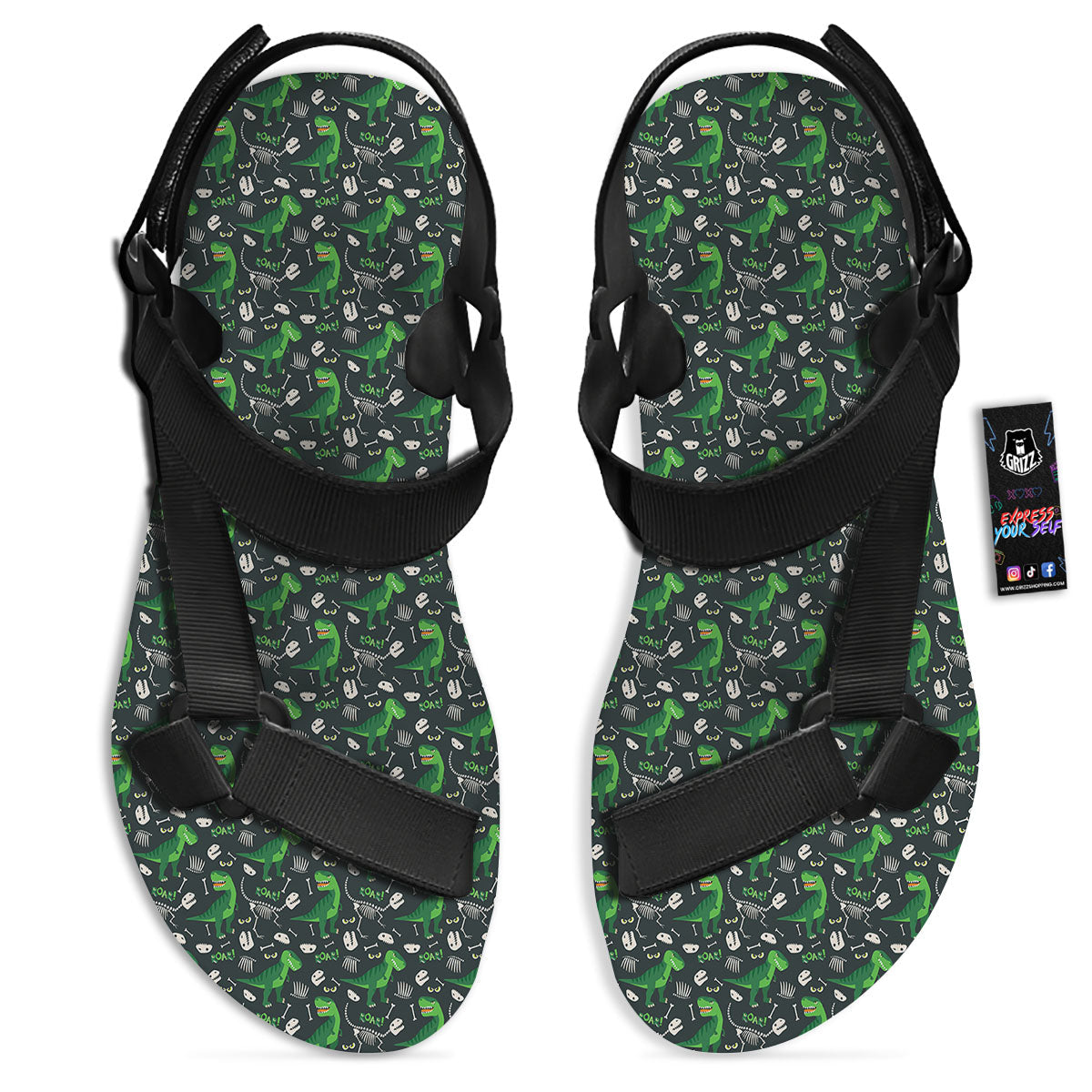 T-Rex Dinosaur Cute Green Print Pattern Black Open Toe Sandals-grizzshop