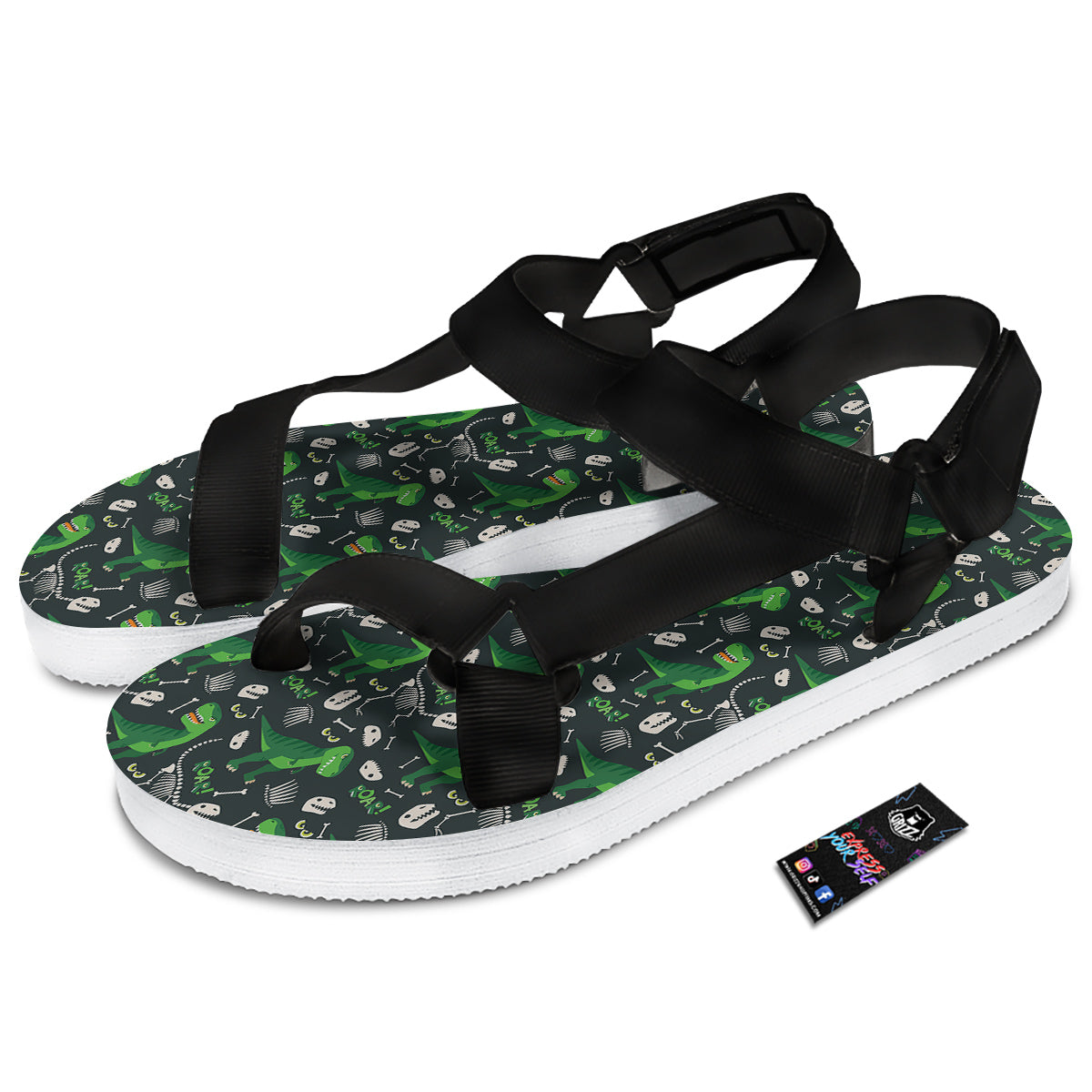 T-Rex Dinosaur Cute Green Print Pattern Black Open Toe Sandals-grizzshop