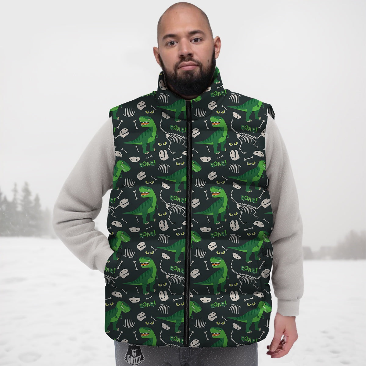 T-Rex Dinosaur Cute Green Print Pattern Down Vest