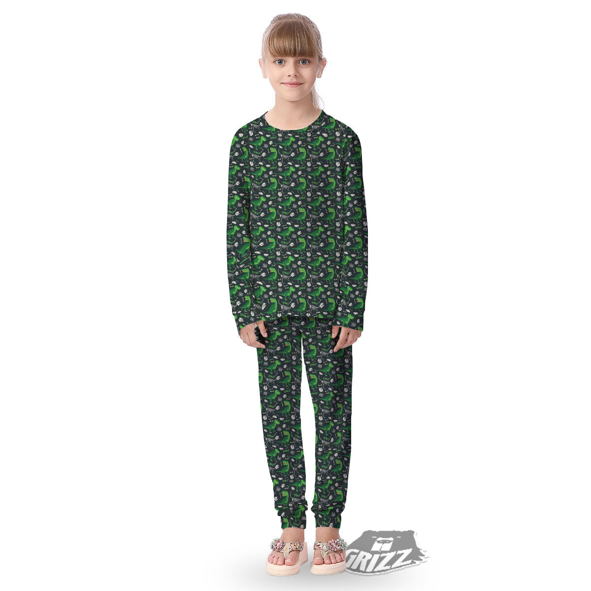 T-Rex Dinosaur Cute Green Print Pattern Kid's Pajamas-grizzshop