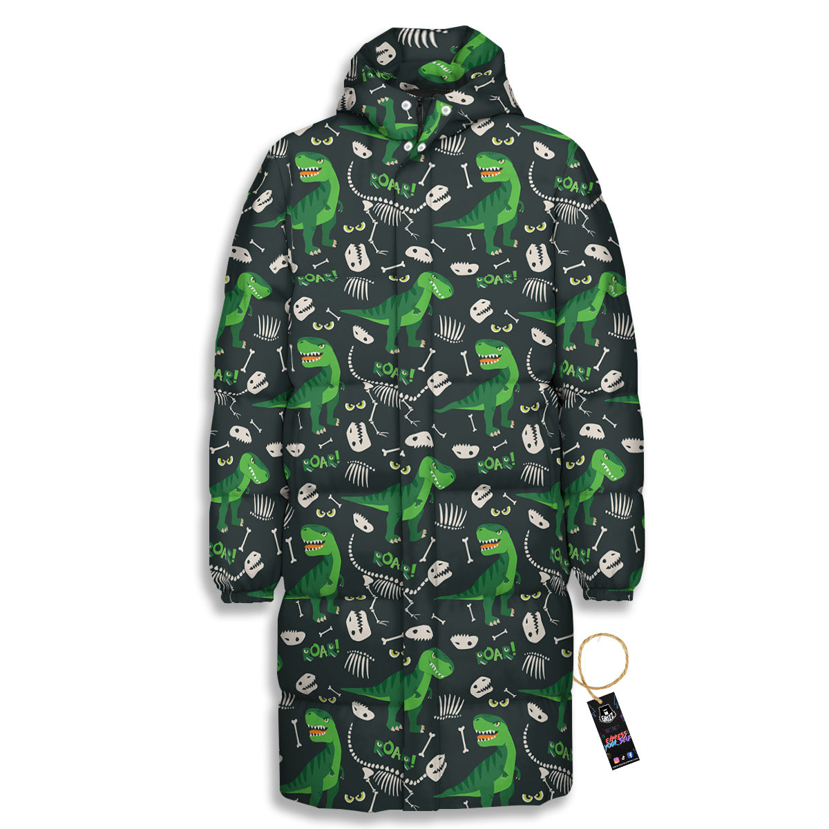 T-Rex Dinosaur Cute Green Print Pattern Long Down Jacket-grizzshop