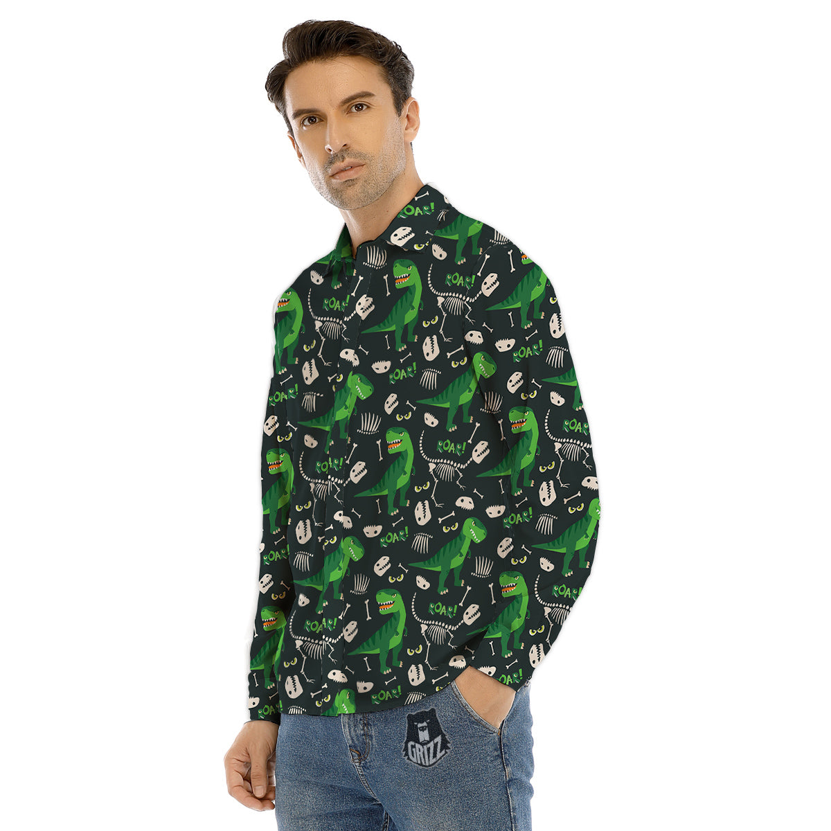 T-Rex Dinosaur Cute Green Print Pattern Men's Dress Shirts-grizzshop