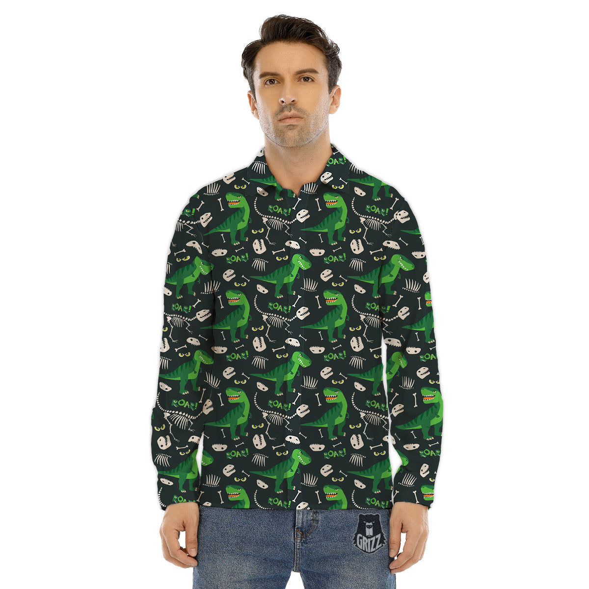 T-Rex Dinosaur Cute Green Print Pattern Men's Dress Shirts-grizzshop