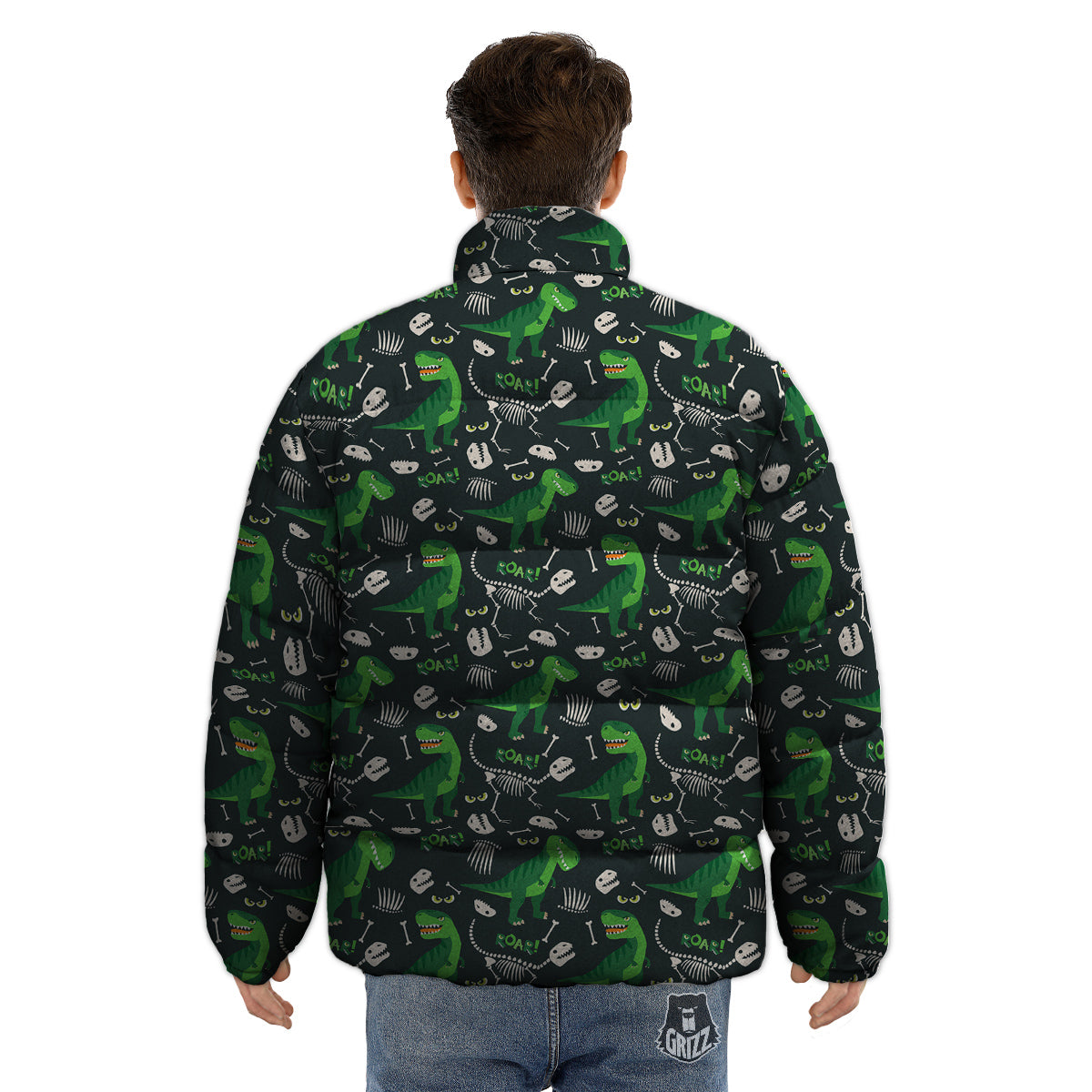 T-Rex Dinosaur Cute Green Print Pattern Puffer Jacket-grizzshop
