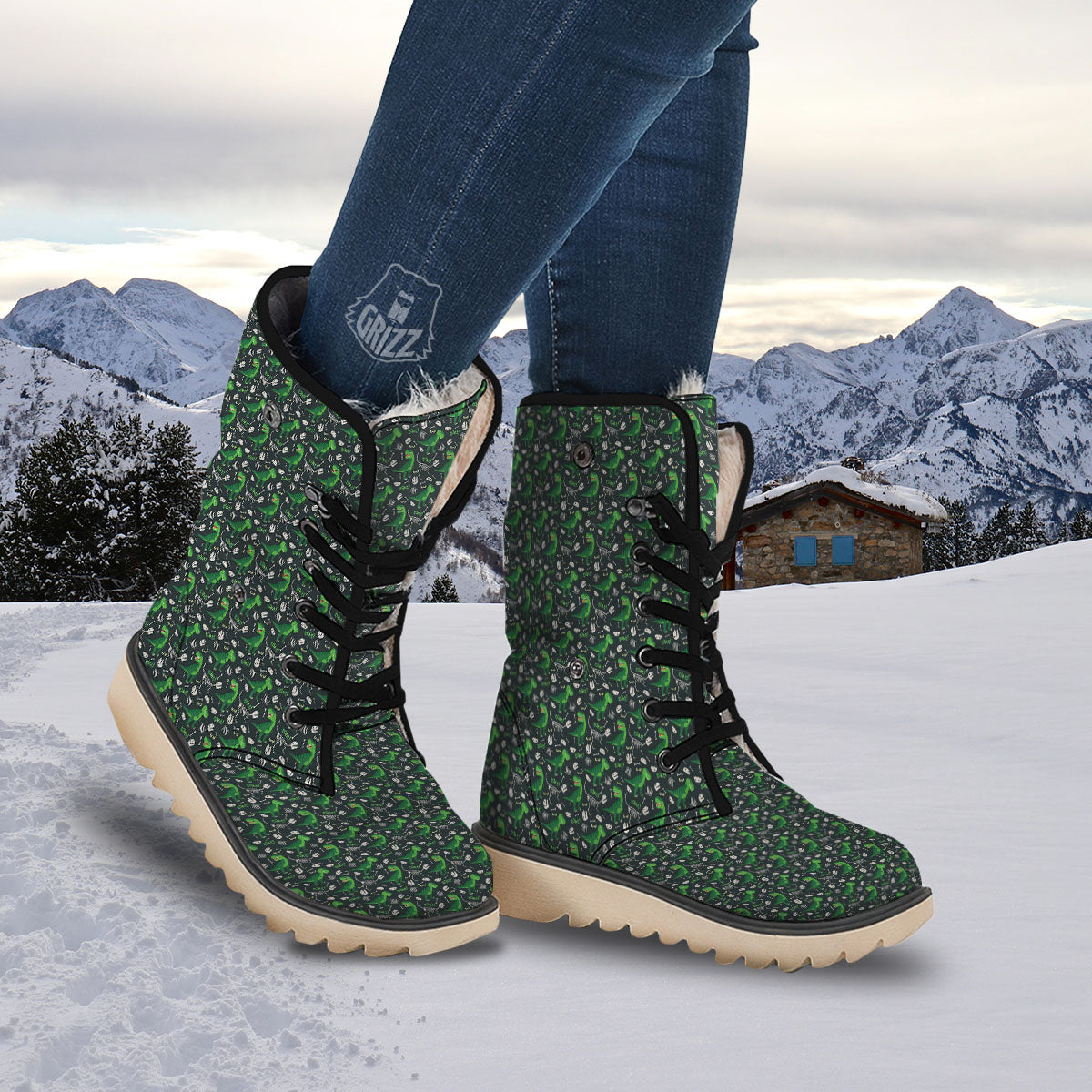 T-Rex Dinosaur Cute Green Print Pattern Snow Boots-grizzshop