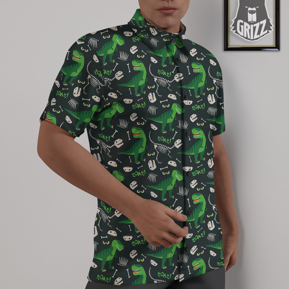 T-Rex Dinosaur Cute Green Print Pattern Untucked Shirts-grizzshop