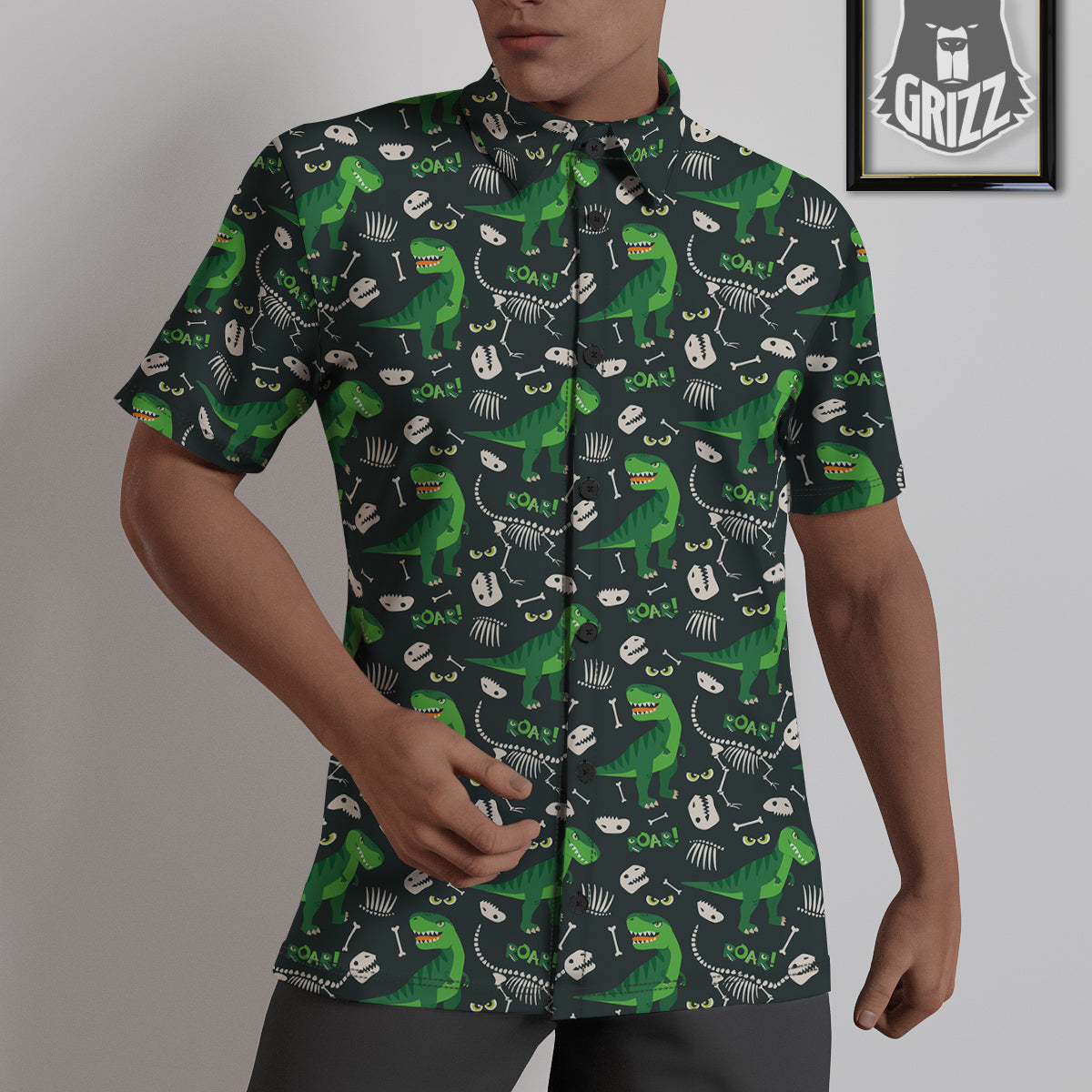 T-Rex Dinosaur Cute Green Print Pattern Untucked Shirts-grizzshop