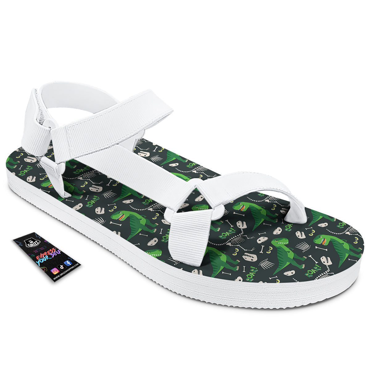T-Rex Dinosaur Cute Green Print Pattern White Open Toe Sandals-grizzshop