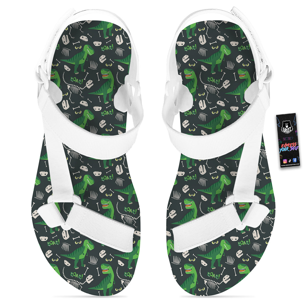 T-Rex Dinosaur Cute Green Print Pattern White Open Toe Sandals-grizzshop