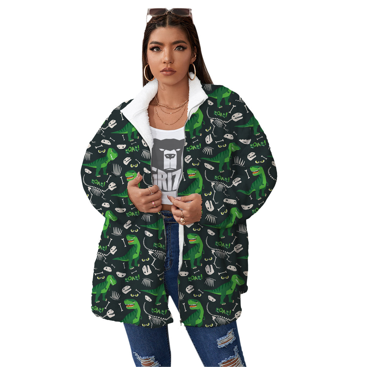 T-Rex Dinosaur Cute Green Print Pattern Women's Sherpa Jacket-grizzshop
