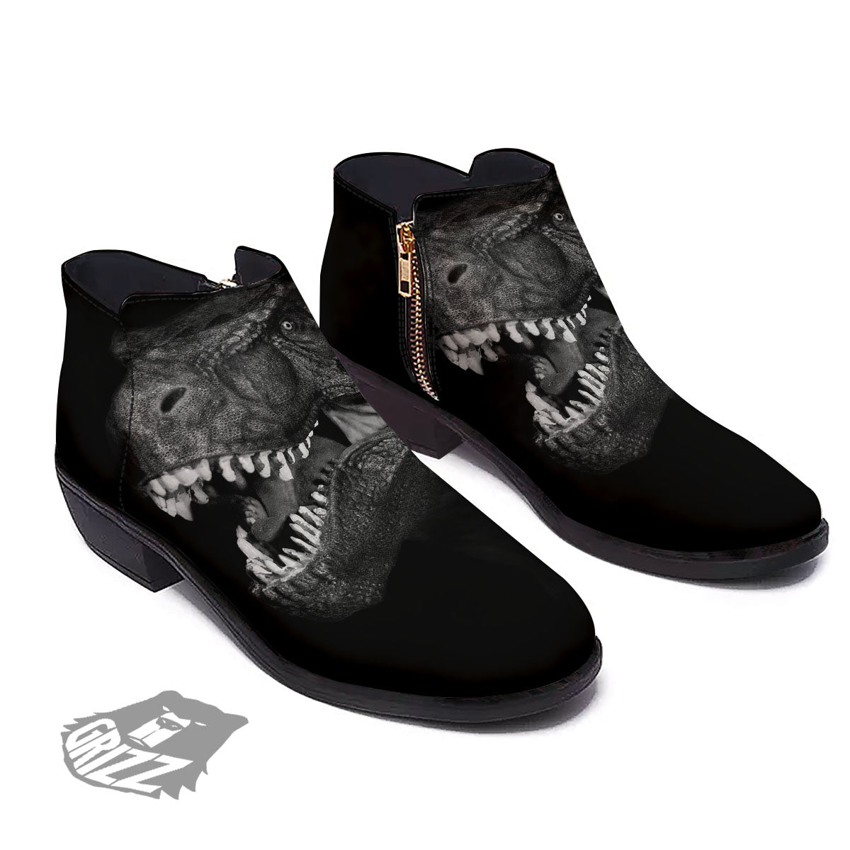 T-Rex Dinosaur White And Black Print Ankle Boots-grizzshop