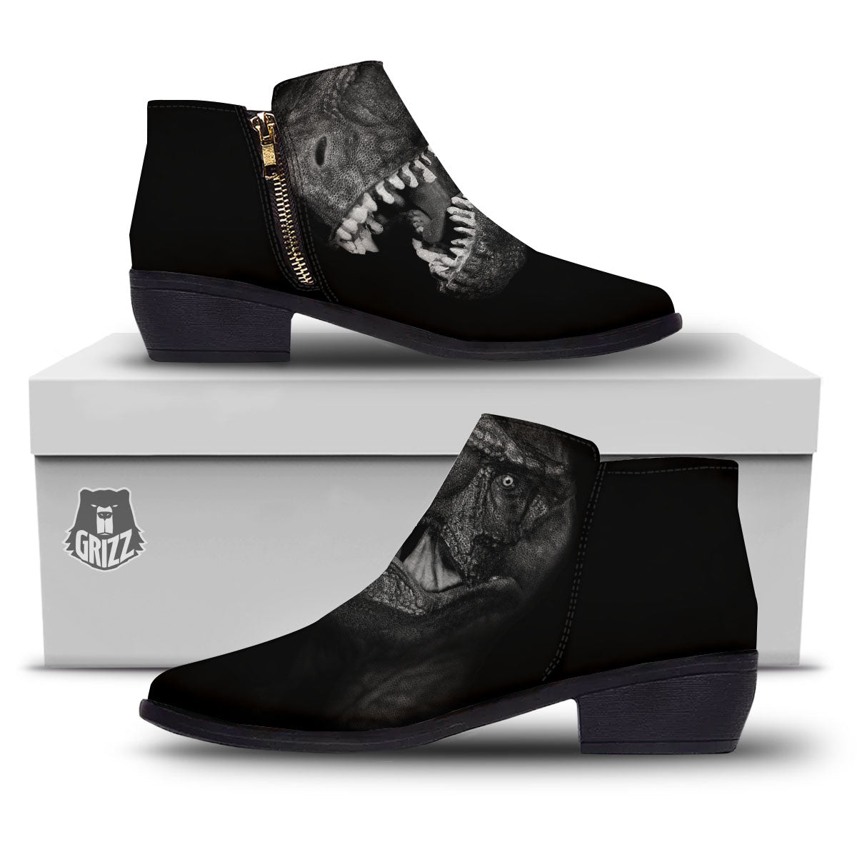 T-Rex Dinosaur White And Black Print Ankle Boots-grizzshop