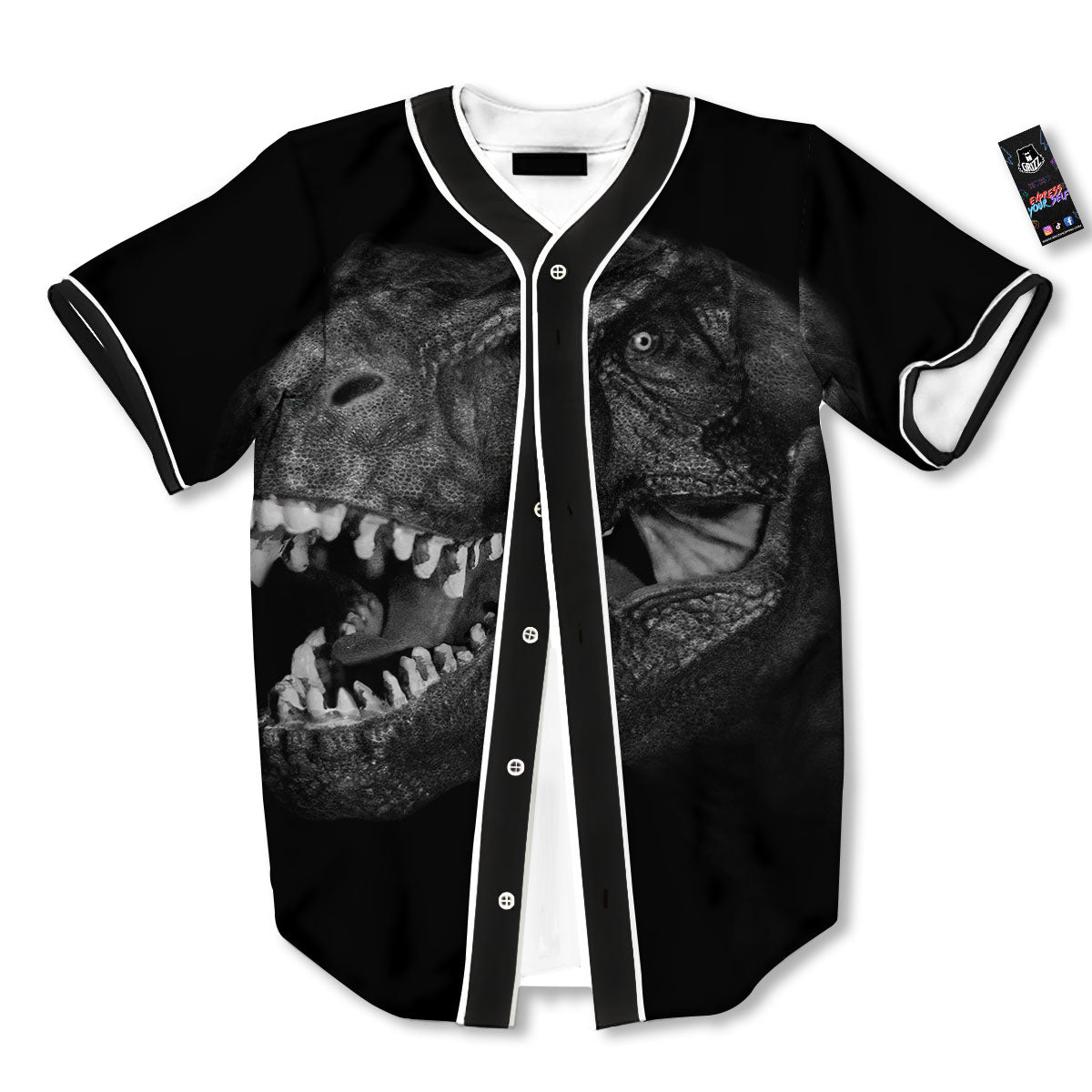 T-Rex Dinosaur White And Black Print Baseball Jersey-grizzshop