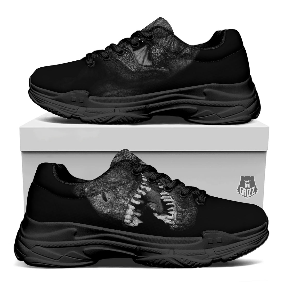 T-Rex Dinosaur White And Black Print Black Chunky Shoes-grizzshop
