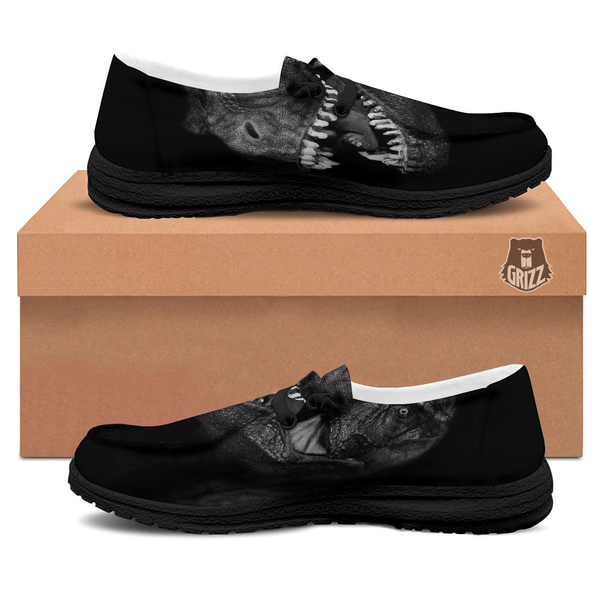 T-Rex Dinosaur White And Black Print Black Loafers-grizzshop