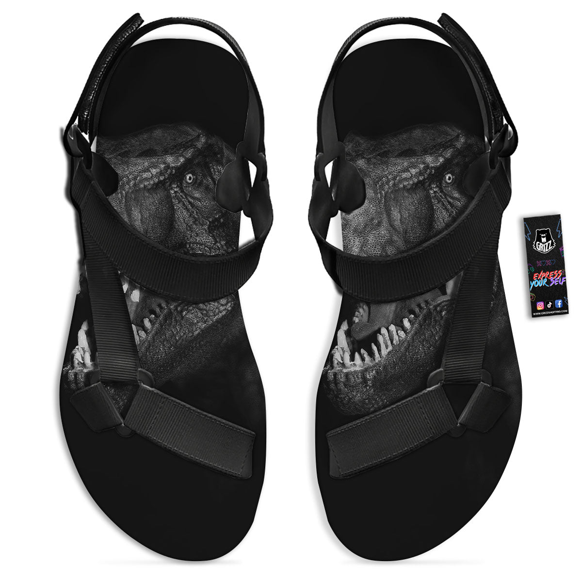 T-Rex Dinosaur White And Black Print Black Open Toe Sandals-grizzshop