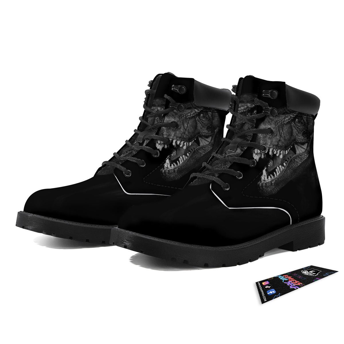 T-Rex Dinosaur White And Black Print Boots-grizzshop