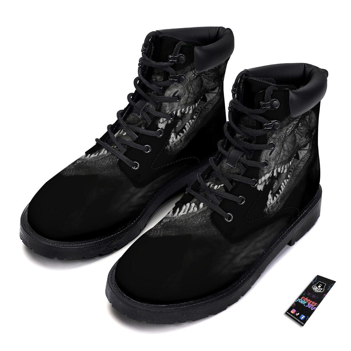 T-Rex Dinosaur White And Black Print Boots-grizzshop