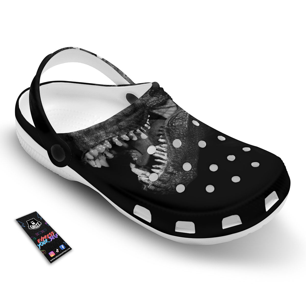 T-Rex Dinosaur White And Black Print Clog-grizzshop