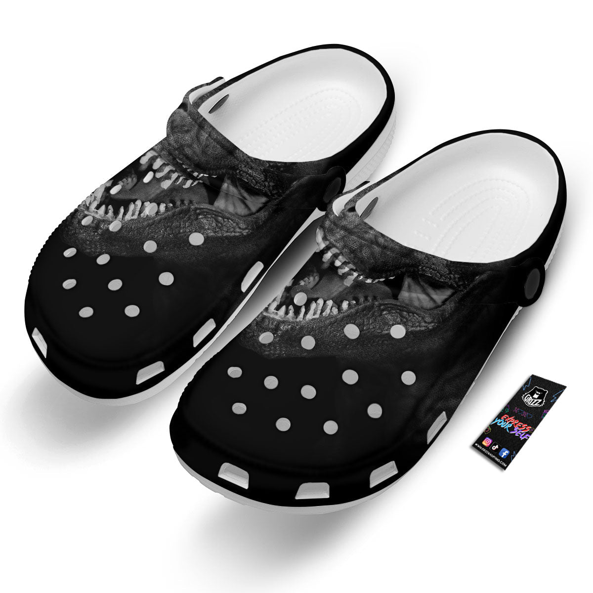 T-Rex Dinosaur White And Black Print Clog-grizzshop