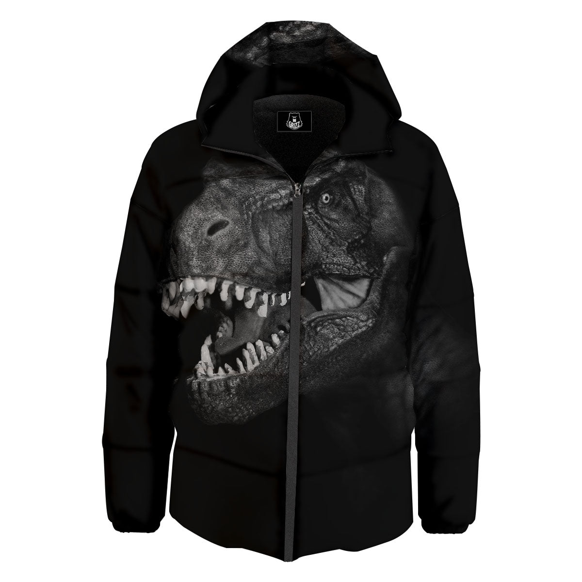 T-Rex Dinosaur White And Black Print Down Jacket-grizzshop