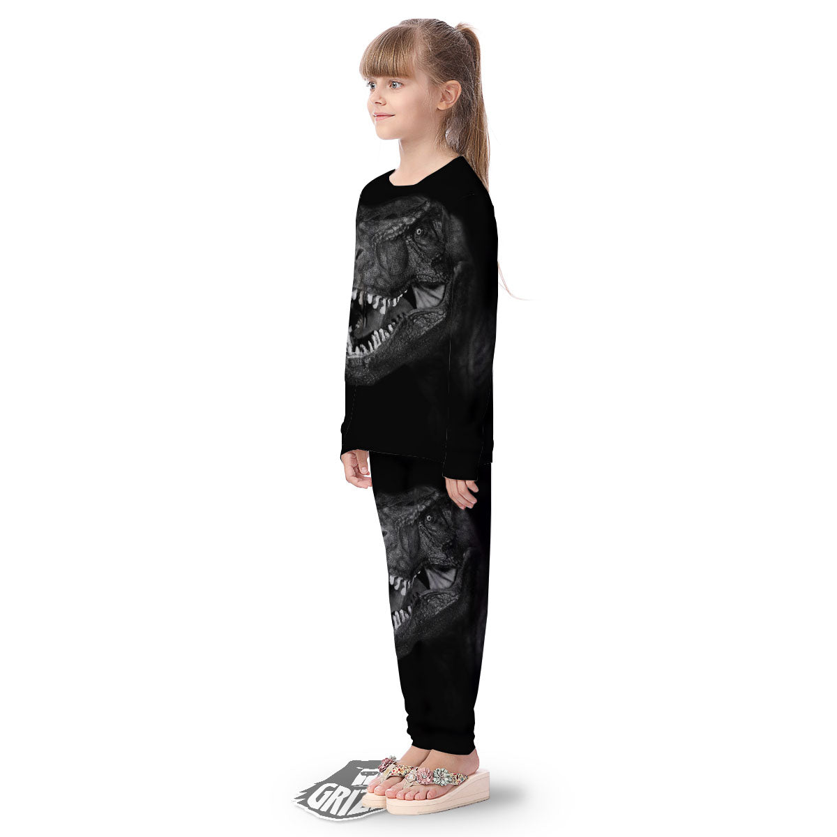 T-Rex Dinosaur White And Black Print Kid's Pajamas-grizzshop