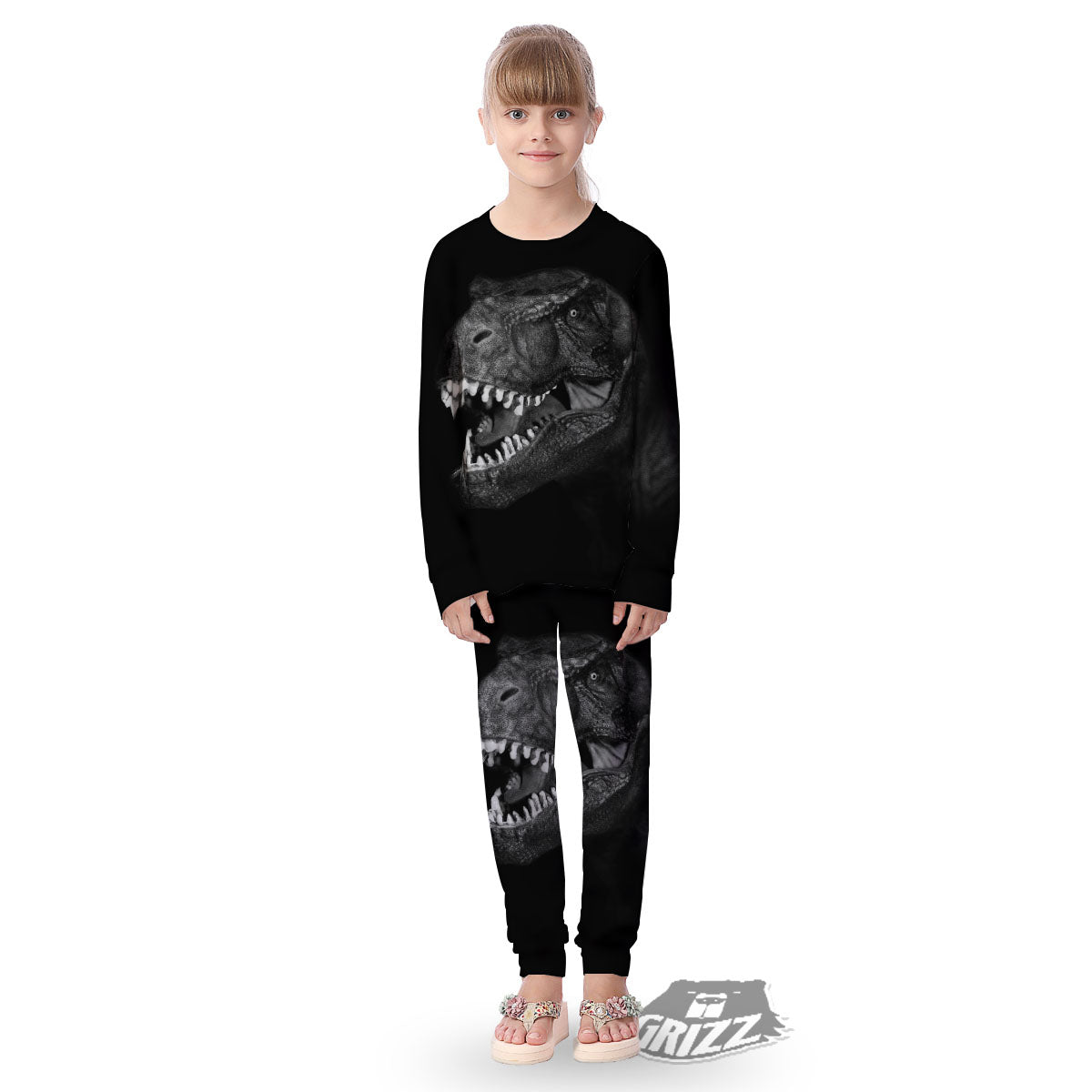 T-Rex Dinosaur White And Black Print Kid's Pajamas-grizzshop