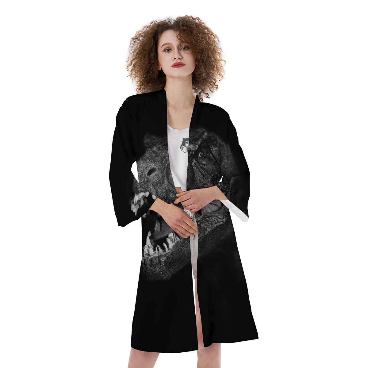 T-Rex Dinosaur White And Black Print Kimono-grizzshop
