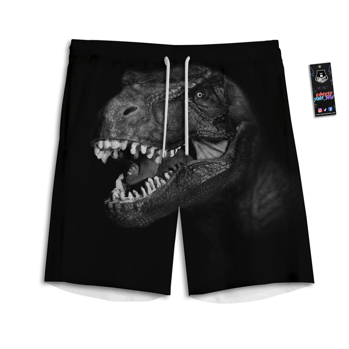 T-Rex Dinosaur White And Black Print Men's Athletic Shorts