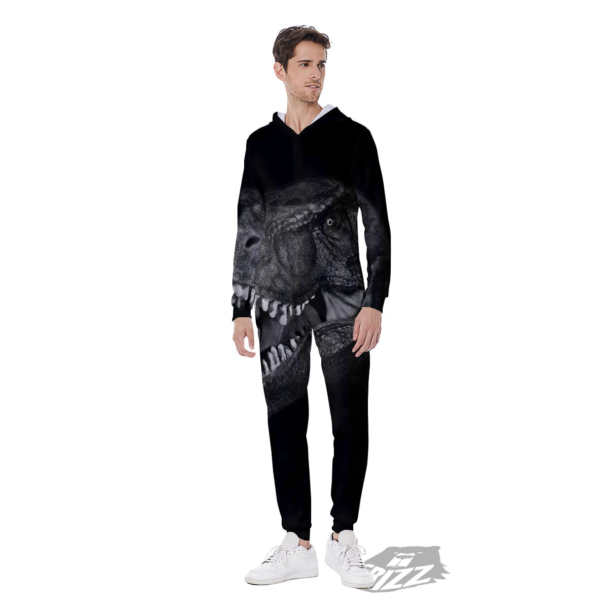 T-Rex Dinosaur White And Black Print Men's Jumpsuit-grizzshop