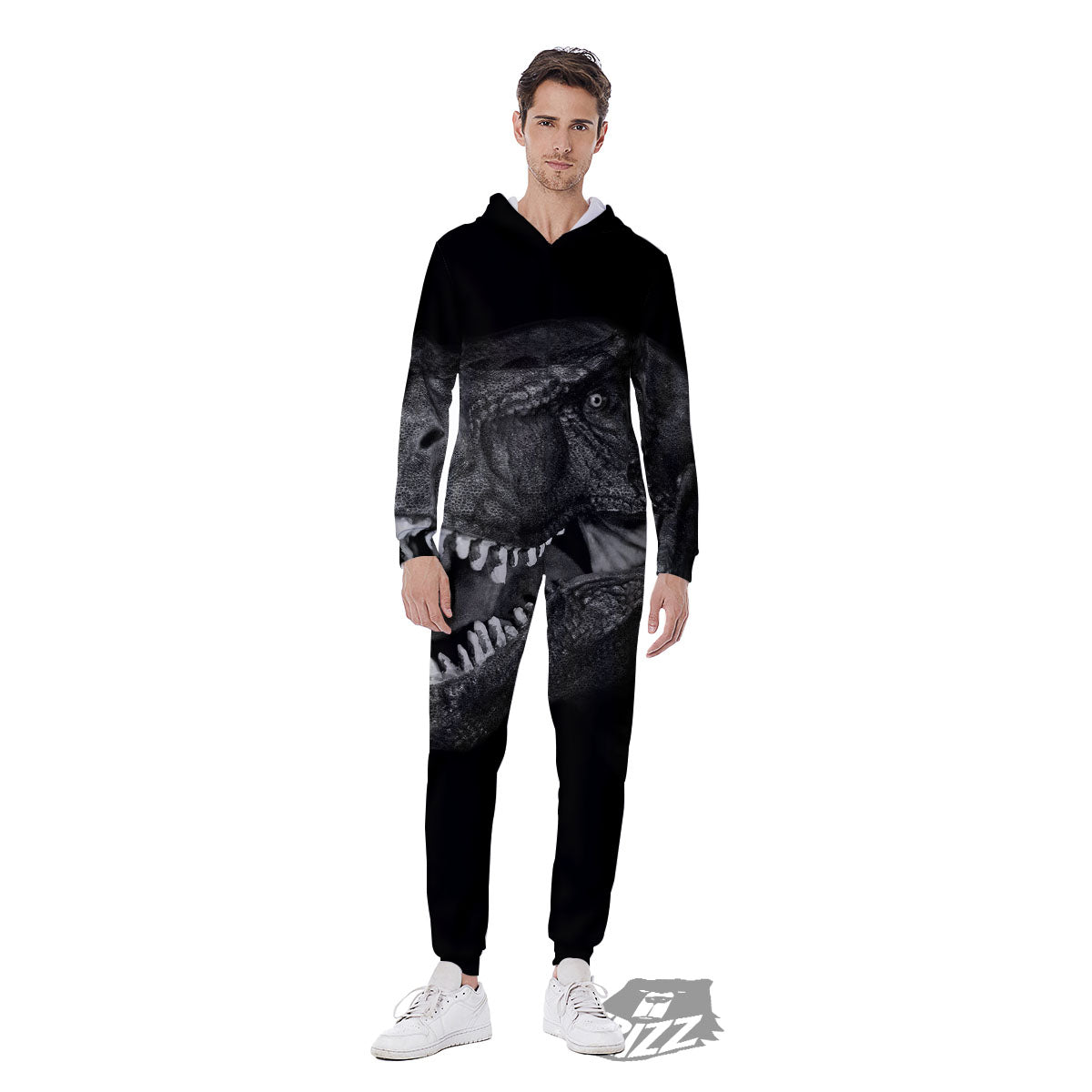 T-Rex Dinosaur White And Black Print Men's Jumpsuit-grizzshop
