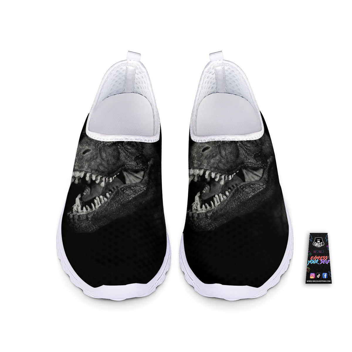 T-Rex Dinosaur White And Black Print Nurse Shoes-grizzshop