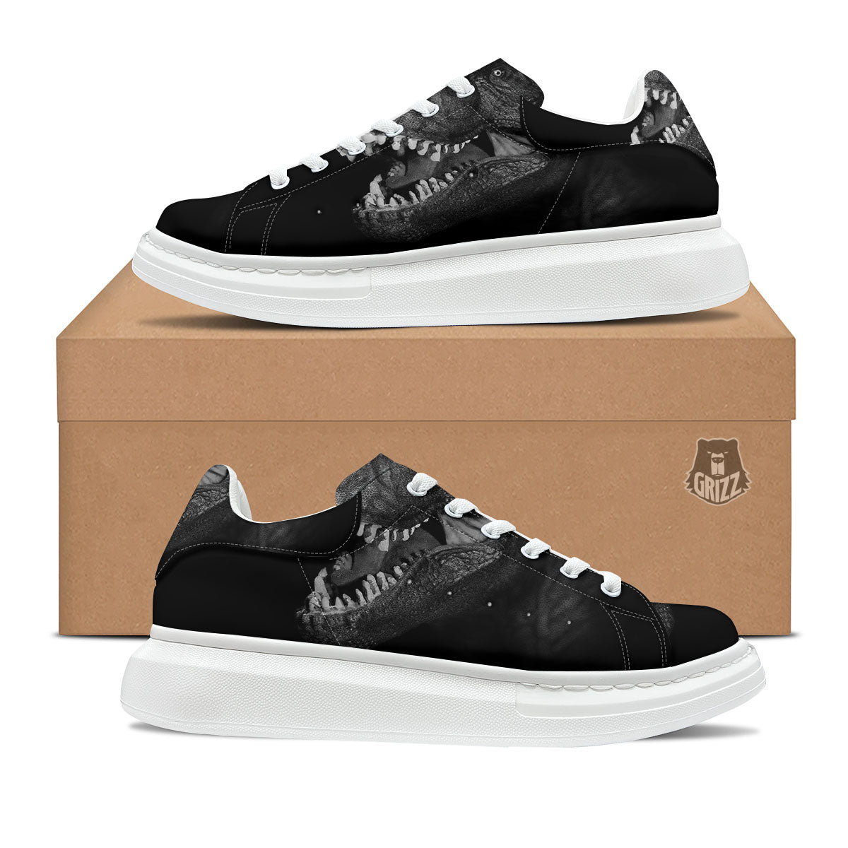 T-Rex Dinosaur White And Black Print Platform Shoes-grizzshop